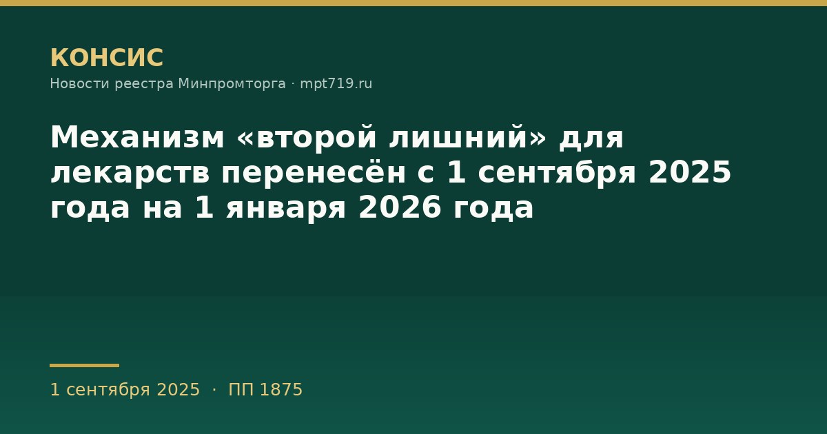 Механизм «второй лишний» для лекарств перенесён с 1 сентября 2025 года на 1 января 2026 года