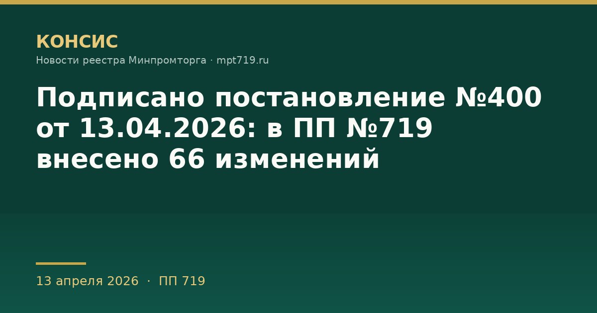 Подписано постановление №400 от 13.04.2026: в ПП №719 внесено 66 изменений