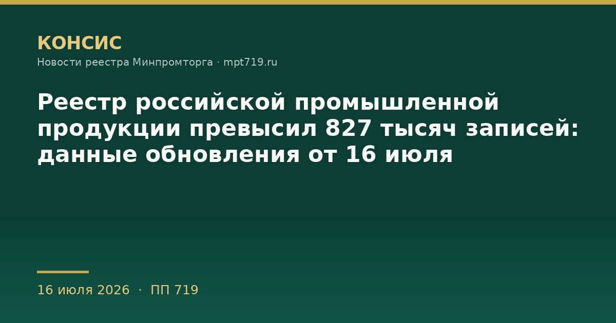 Реестр российской промышленной продукции превысил 827 тысяч записей: данные обновления от 16 июля